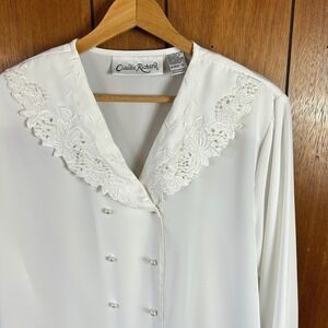 Vintage Claudia Richard Vintage White Lace Collar Pearl Button Blouse Elegant